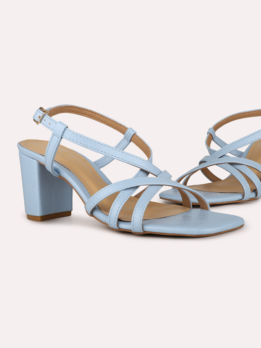 Women Blue Party Wear Striped Square Toe Block Heel Sandals