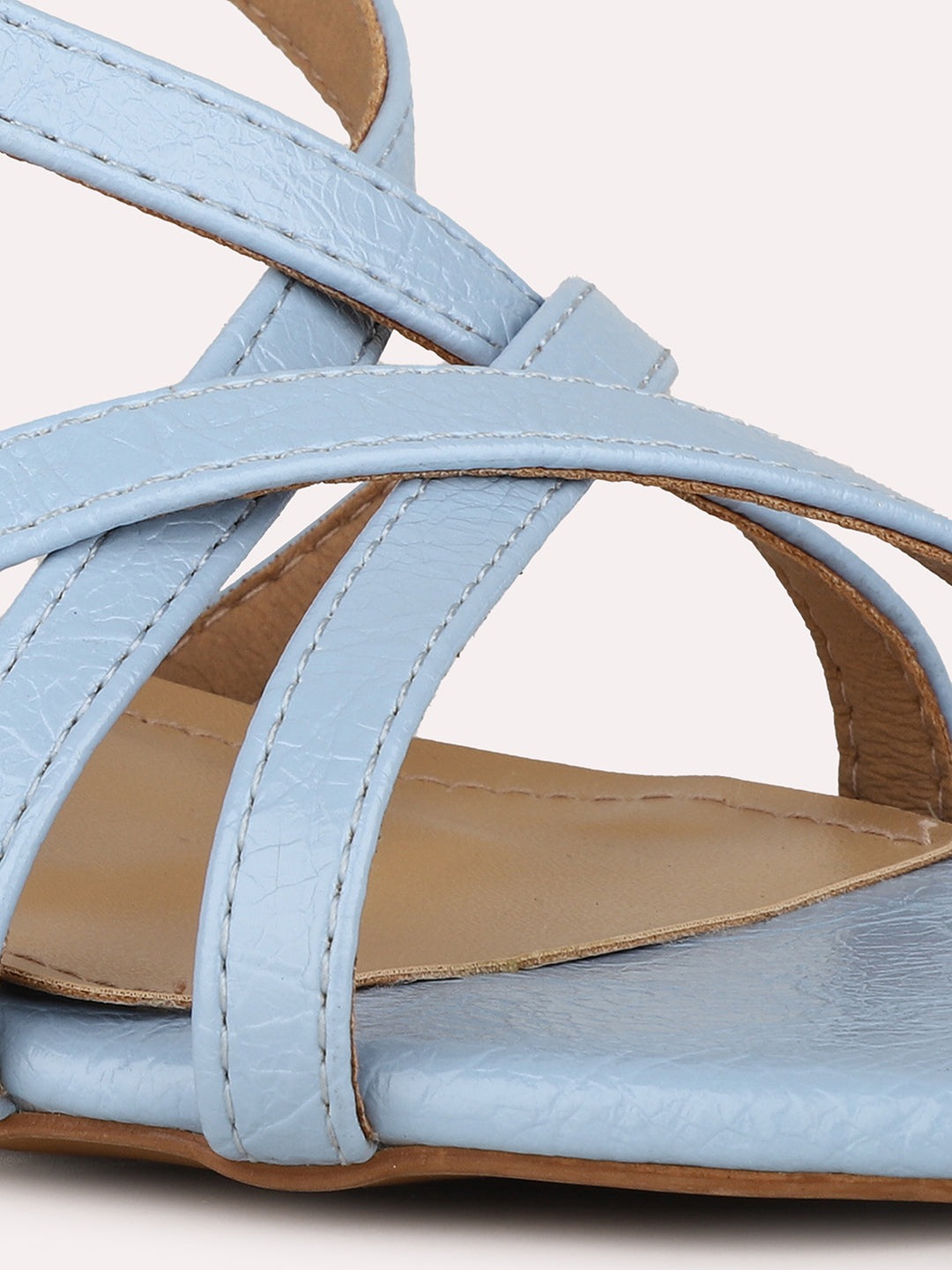 Women Blue Party Wear Striped Square Toe Block Heel Sandals