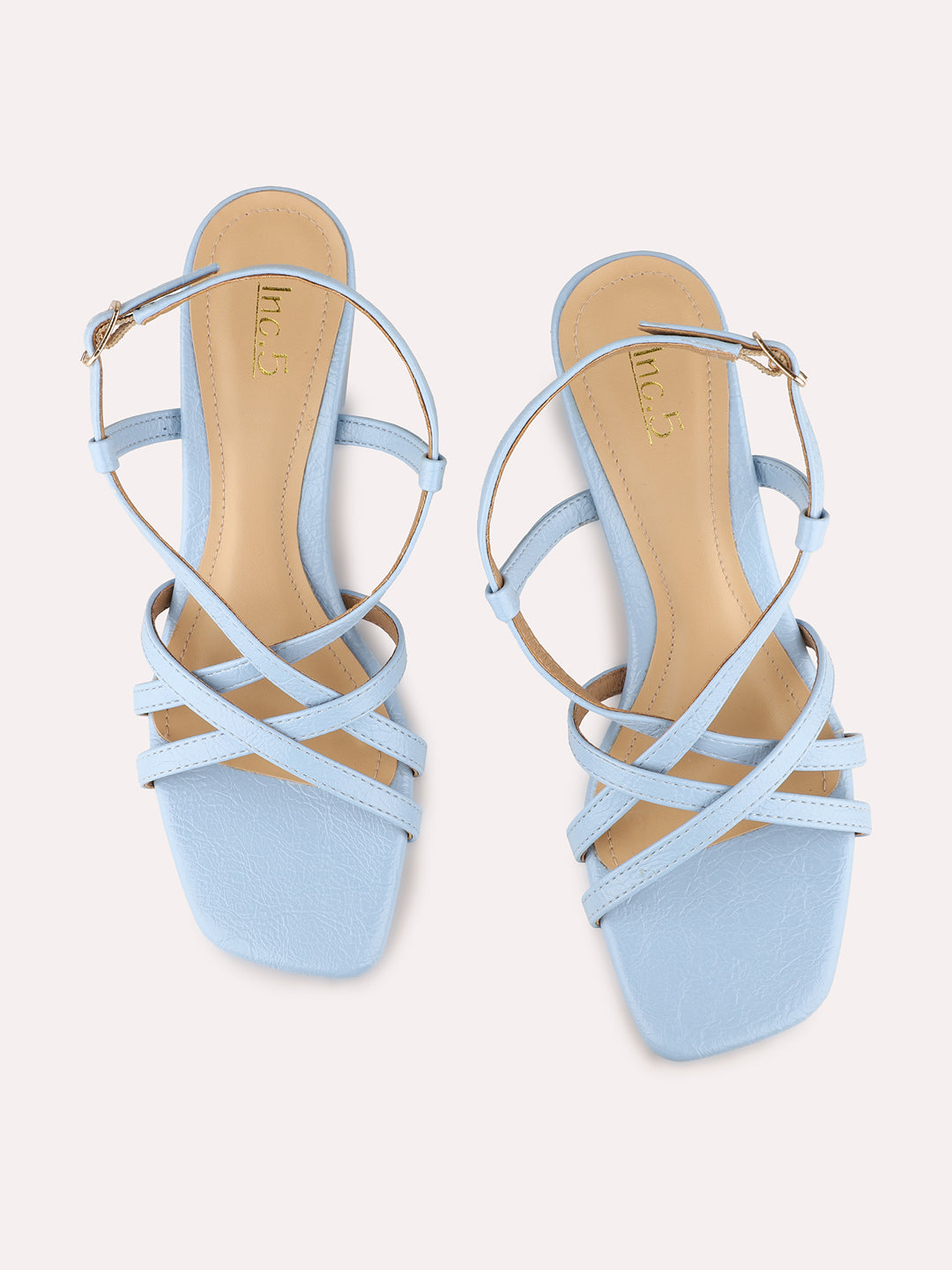 Women Blue Party Wear Striped Square Toe Block Heel Sandals