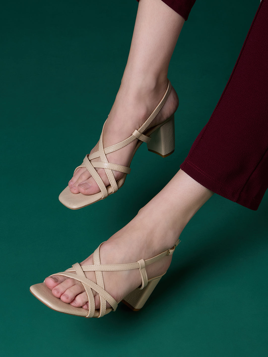 Women Cream Party Wear Striped Square Toe Block Heel Sandals