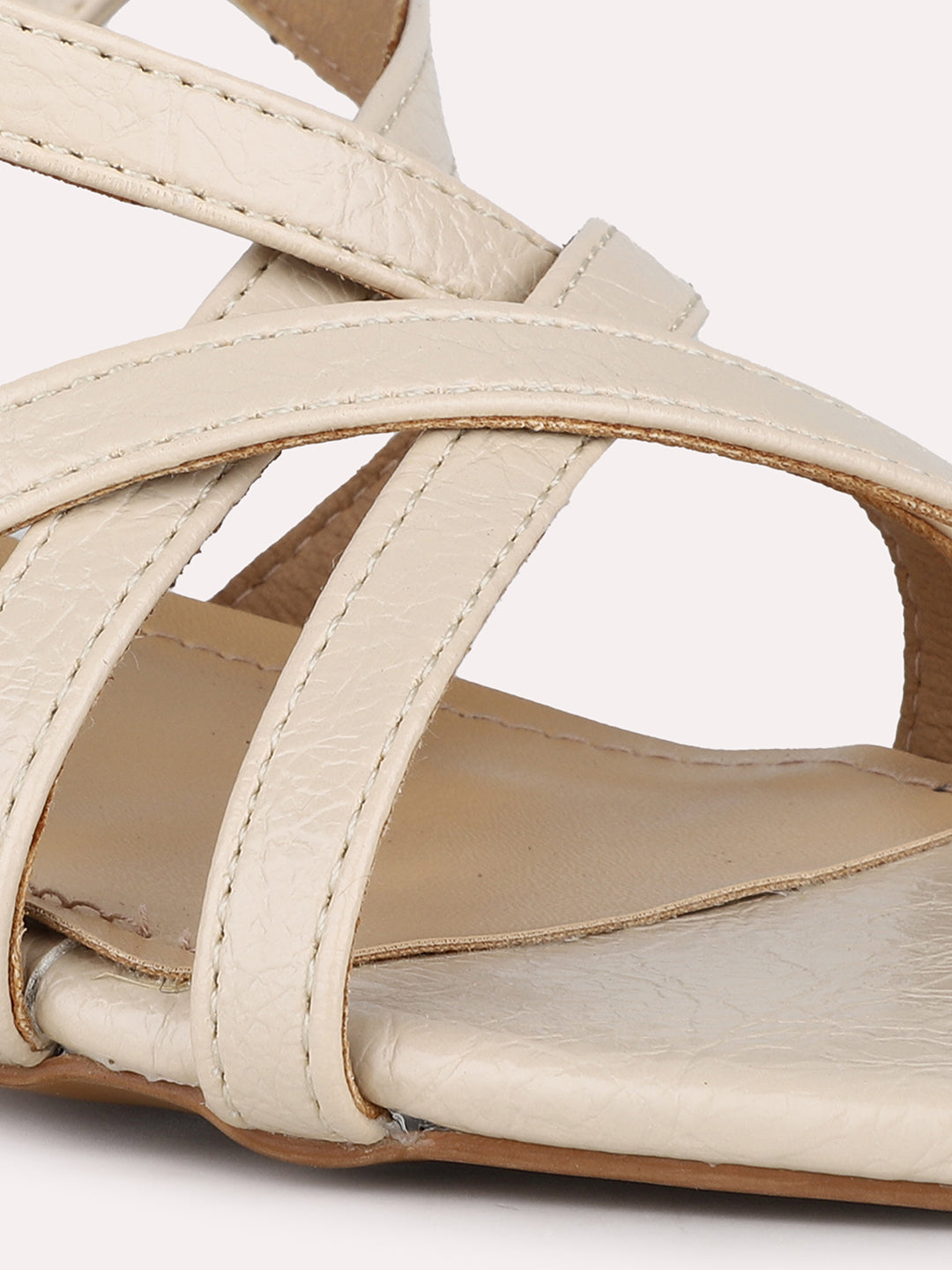 Women Cream Party Wear Striped Square Toe Block Heels