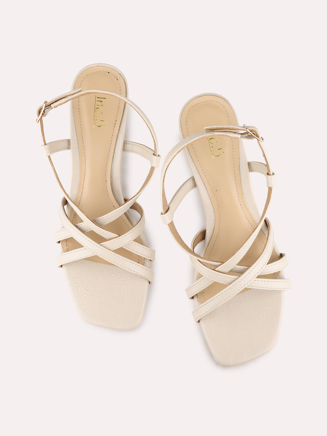 Women Cream Party Wear Striped Square Toe Block Heel Sandals