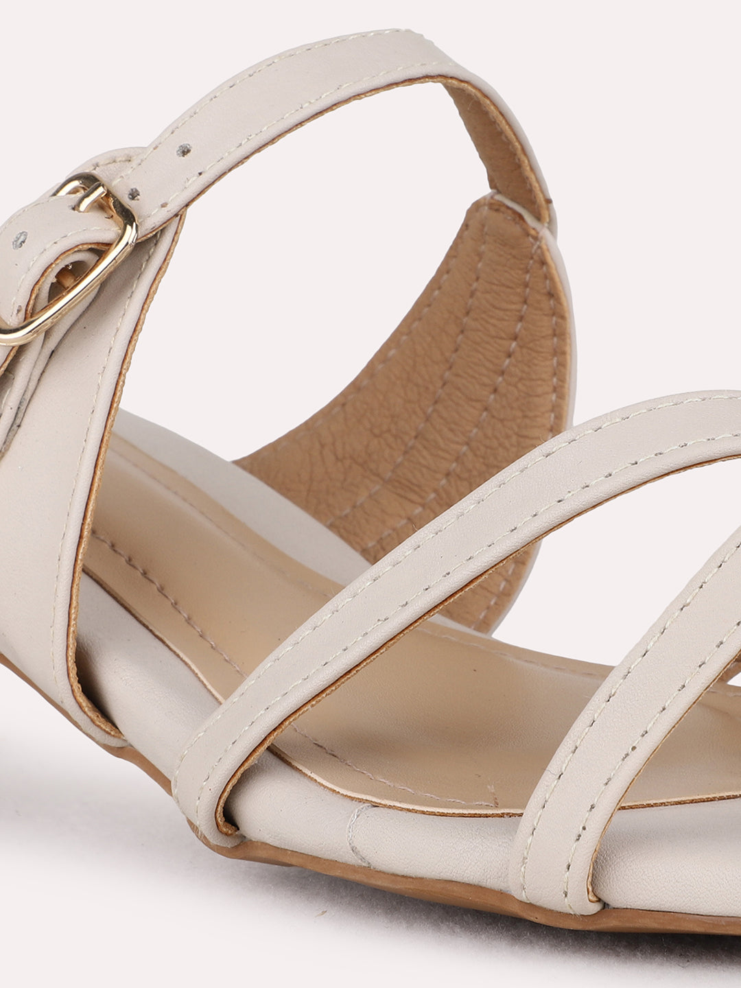 Womens Beige Party Wear Striped Round Toe Block Heel Sandals