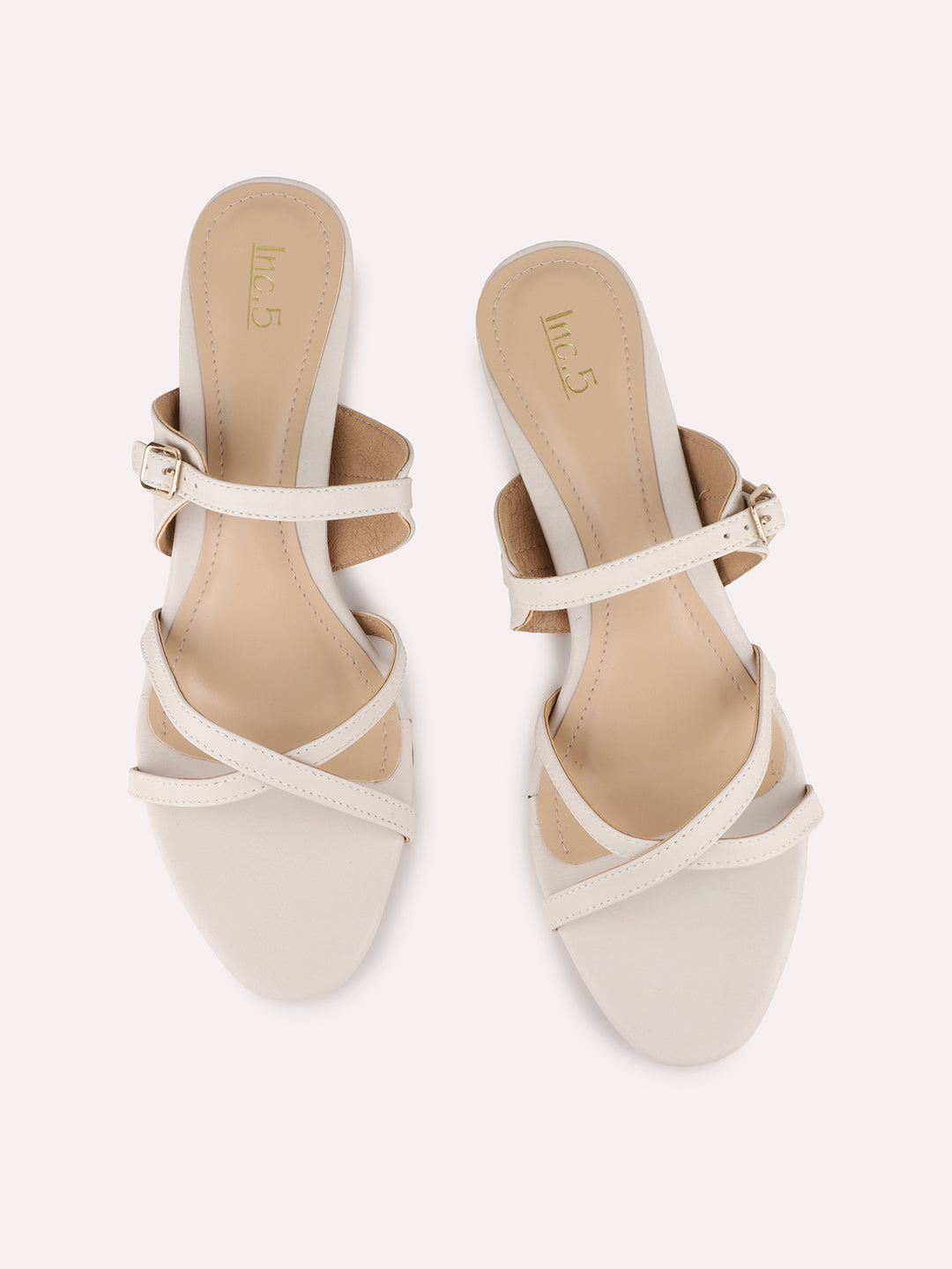 Womens Beige Party Wear Striped Round Toe Block Heel Sandals