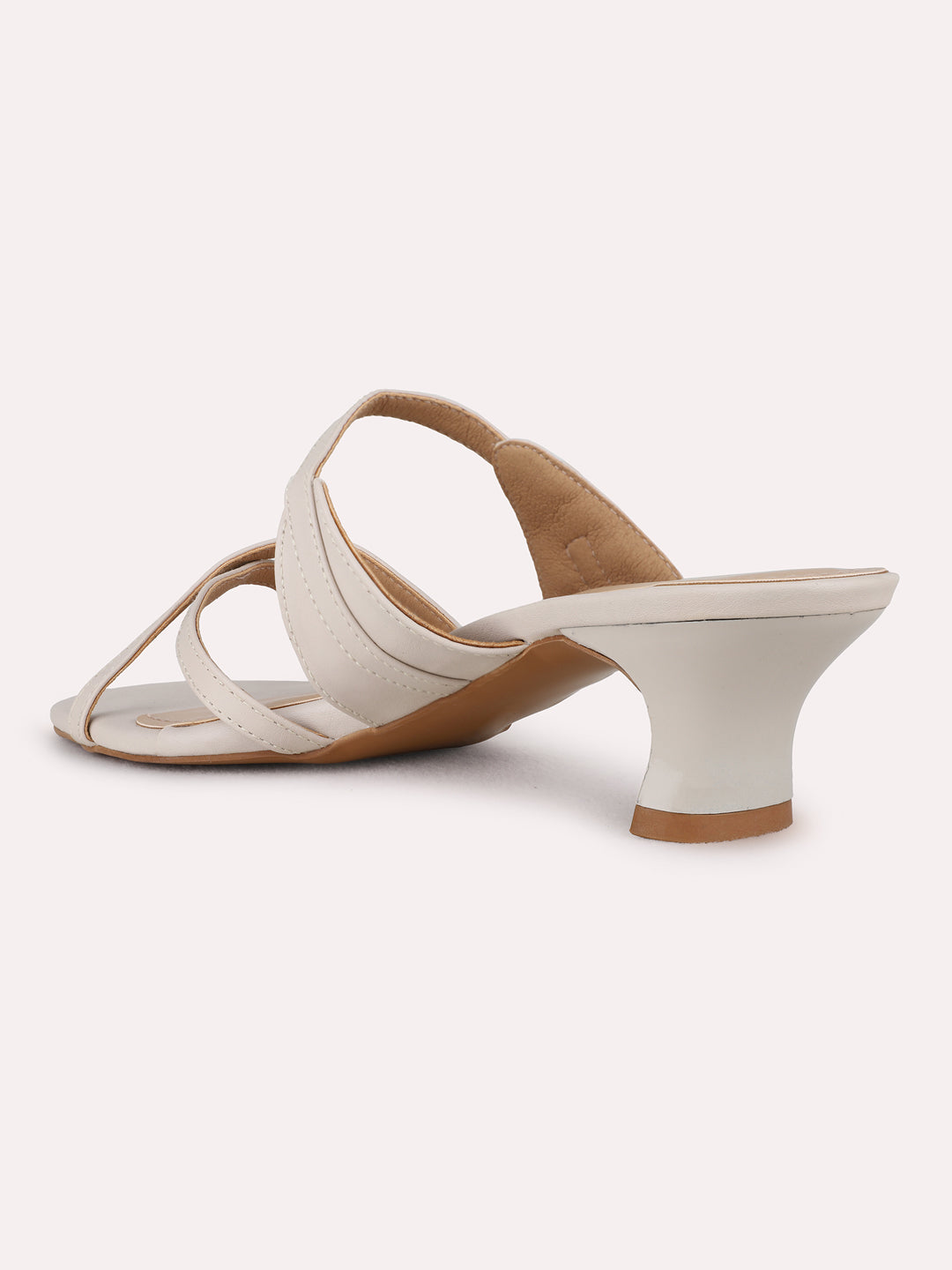 Womens Beige Party Wear Striped Round Toe Block Heel Sandals