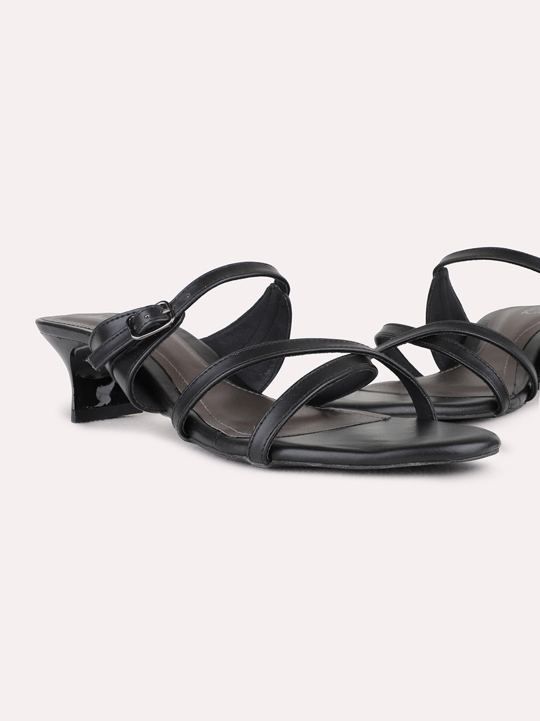 Womens Black Party Wear Striped Square Toe Block Heel Sandals