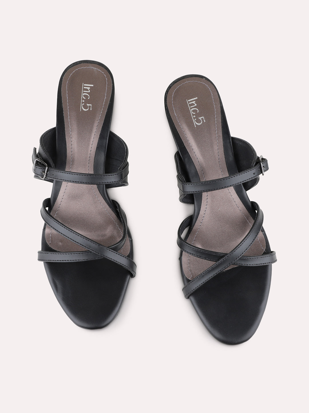 Womens Black Party Wear Striped Square Toe Block Heels