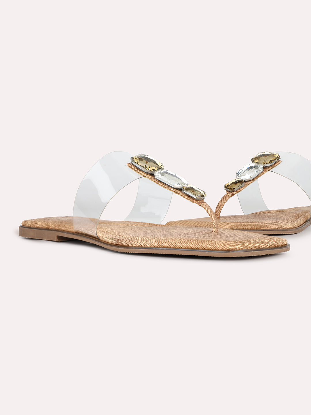 Womens Golden Transparent Square Toe Party Wear Flat Slip-on Sandals