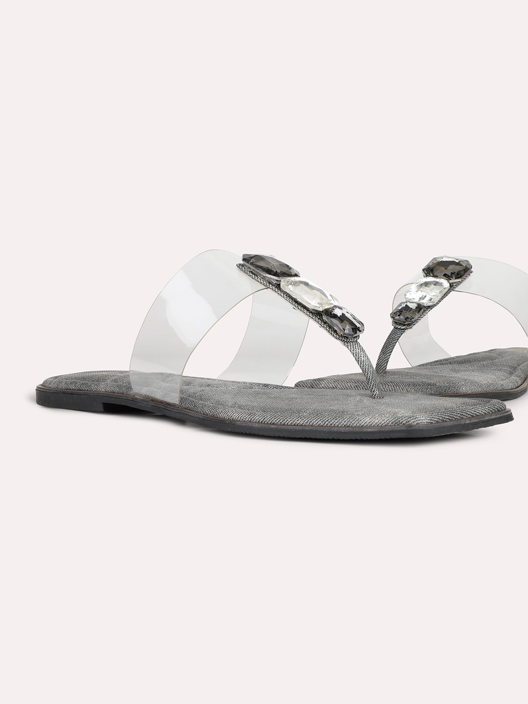 Buy Now Womens Black Transparent Square Toe Party Wear Flat Slip-on Sandals