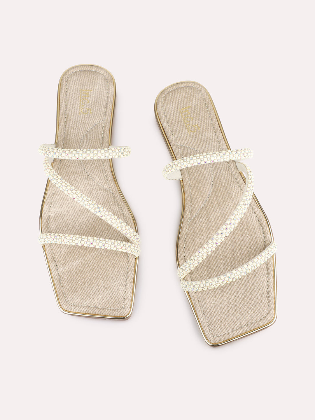 Womens Beige Striped Square Toe Party Wear Flat Slip-on Sandals