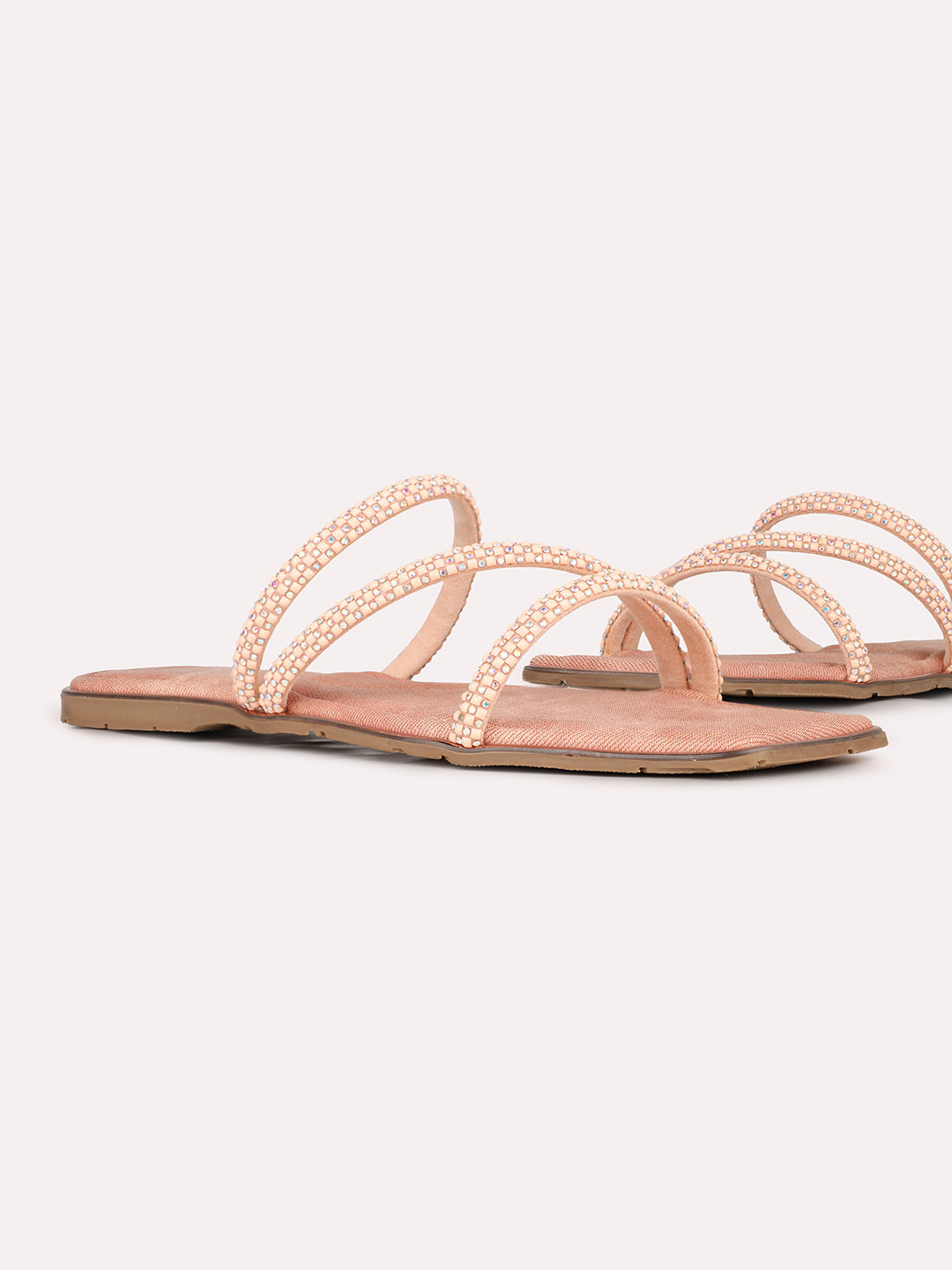 Womens Peach Striped Square Toe Party Wear Flat Slip-on Sandals