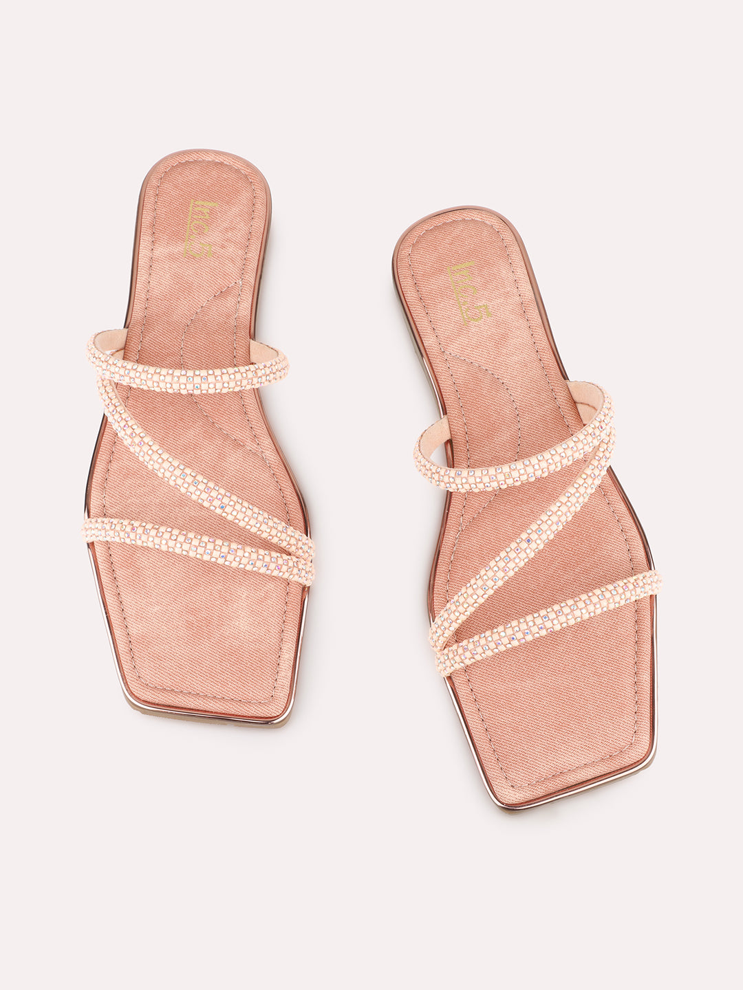 Womens Peach Striped Square Toe Party Wear Flat Slip-on Sandals