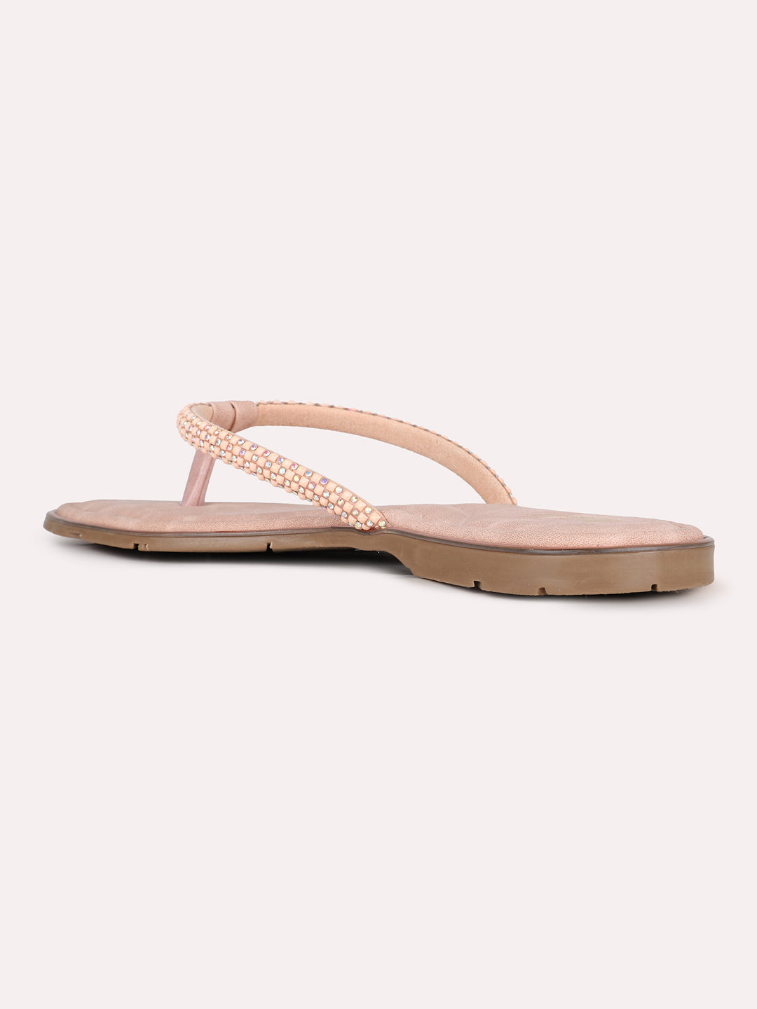 Womens Peach Striped Square Toe Casual Flat Slip-on Sandals