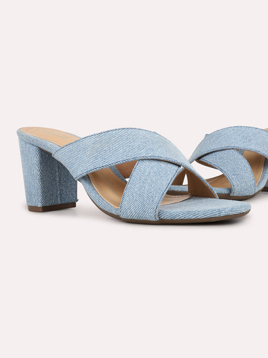 Womens Blue Solid Round Toe Party Wear Block Heels Sandals