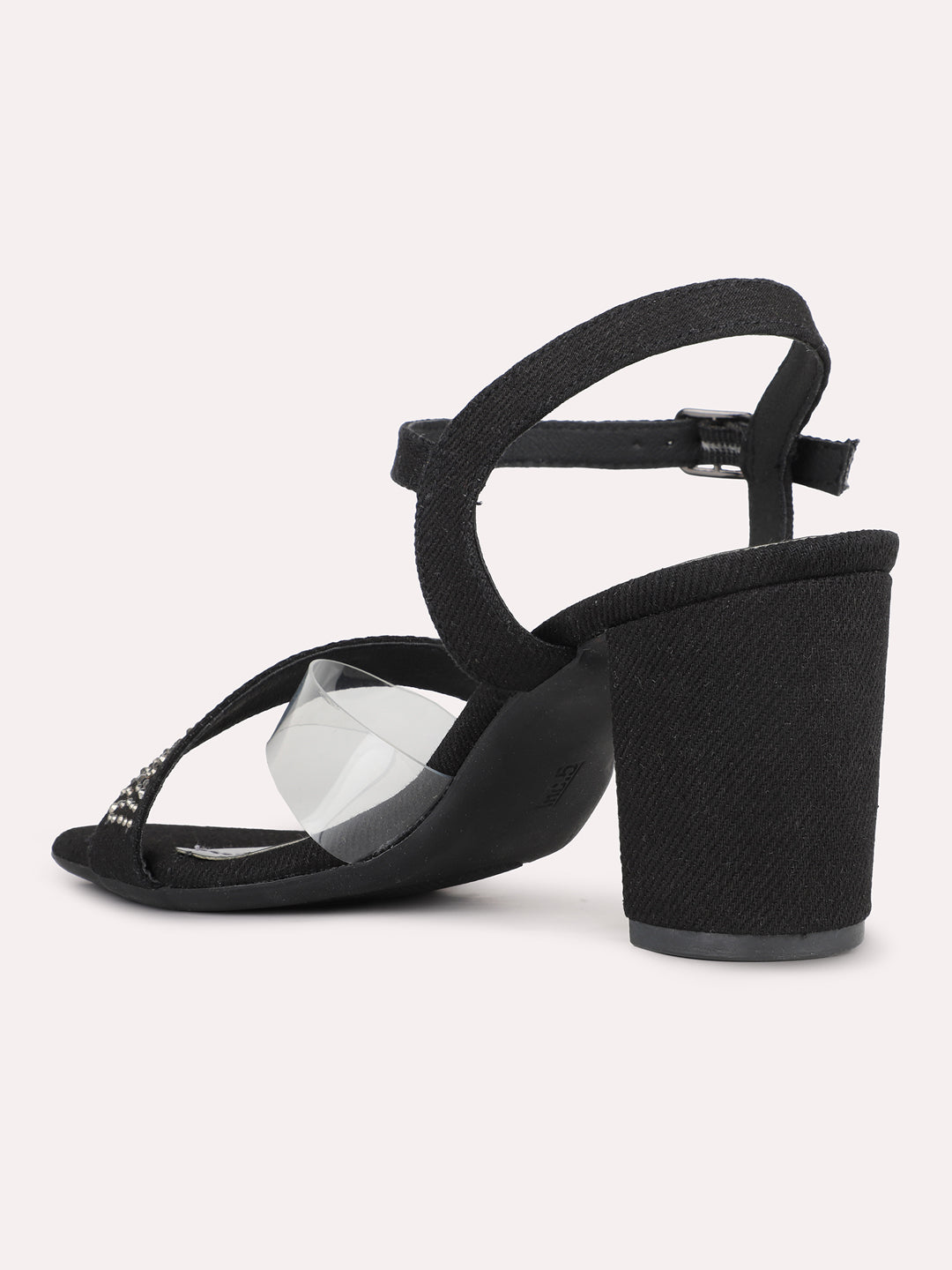 Womens Black Solid Round Toe Party Wear Block Heels Sandals