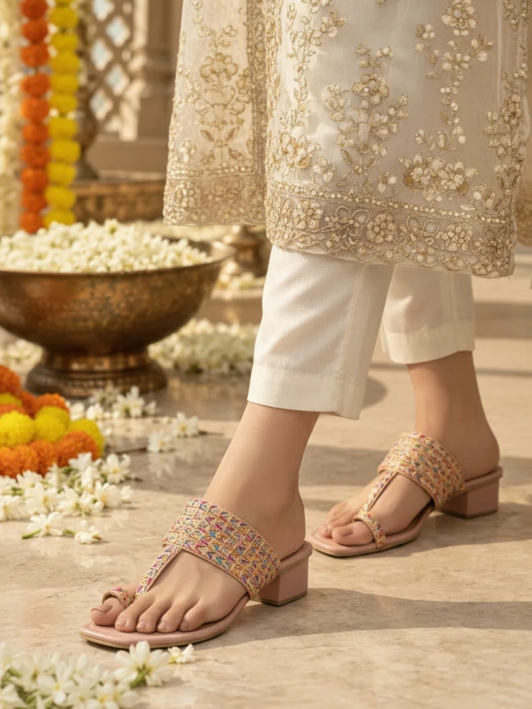 Womens Peach Embellished Round Toe Party Wear Block Heels