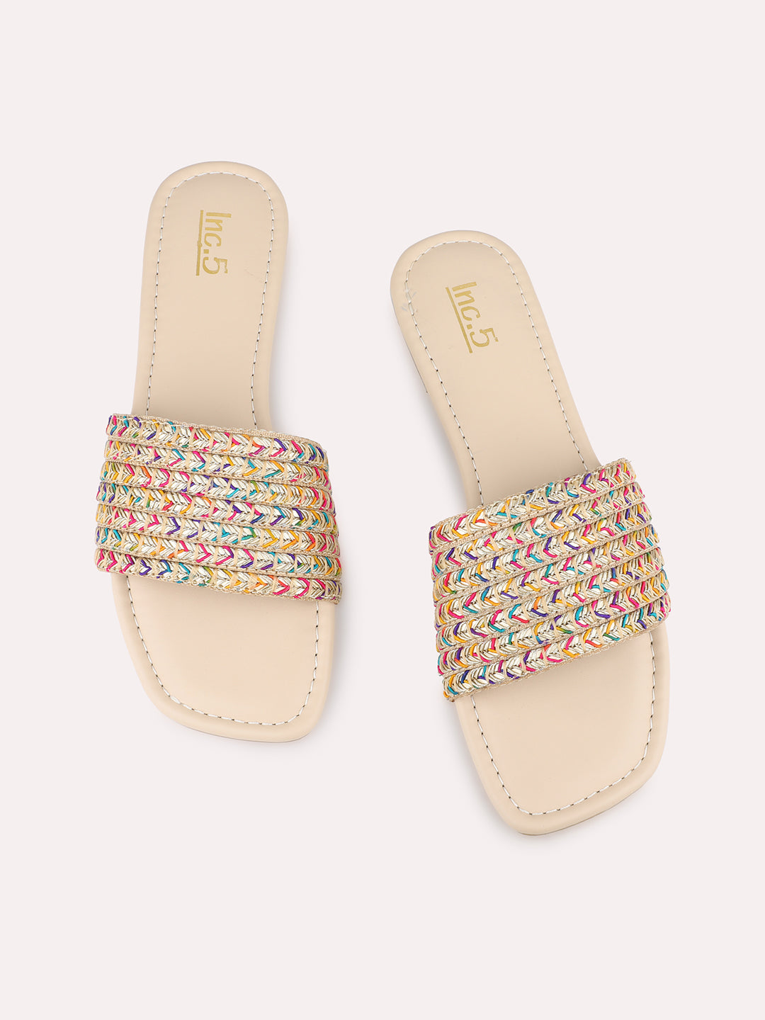 Womens Beige Embellished Open Toe Casual Flats