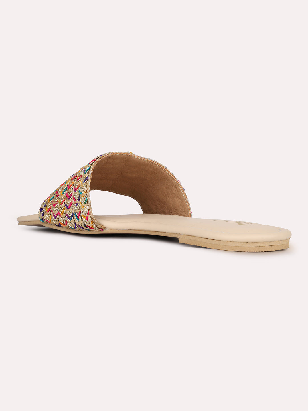 Womens Beige Embellished Open Toe Casual Flats