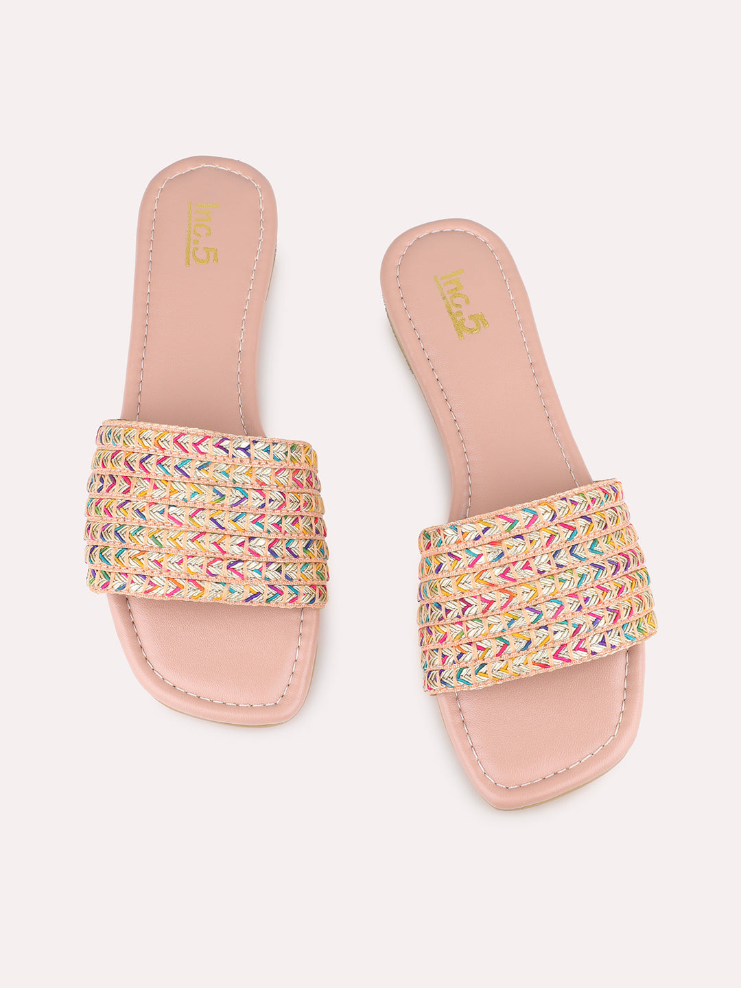 Womens Peach Embellished Open Toe Casual Flats