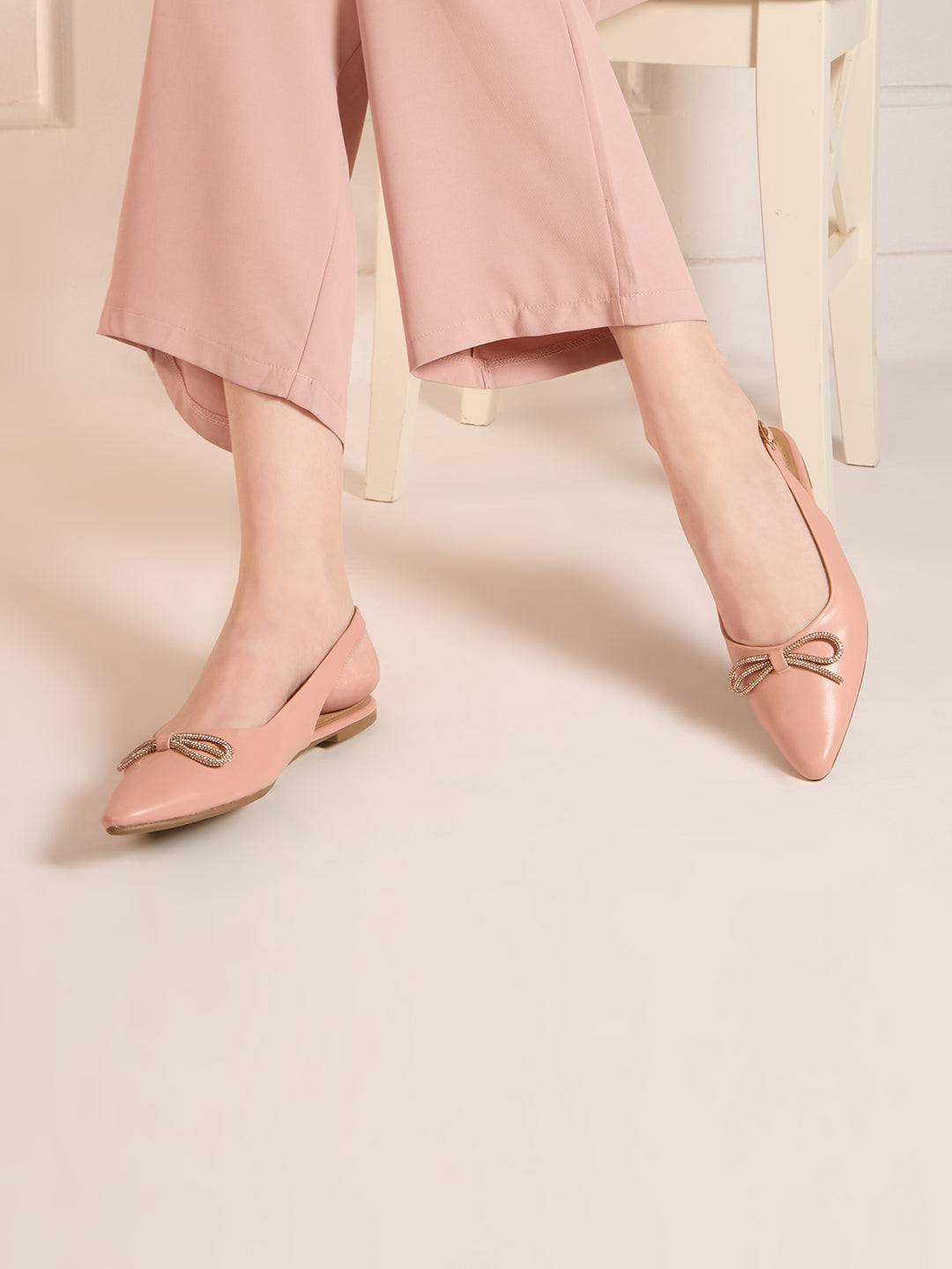 Womens Peach Casual Solid Pointed Toe Heel Flat Mules