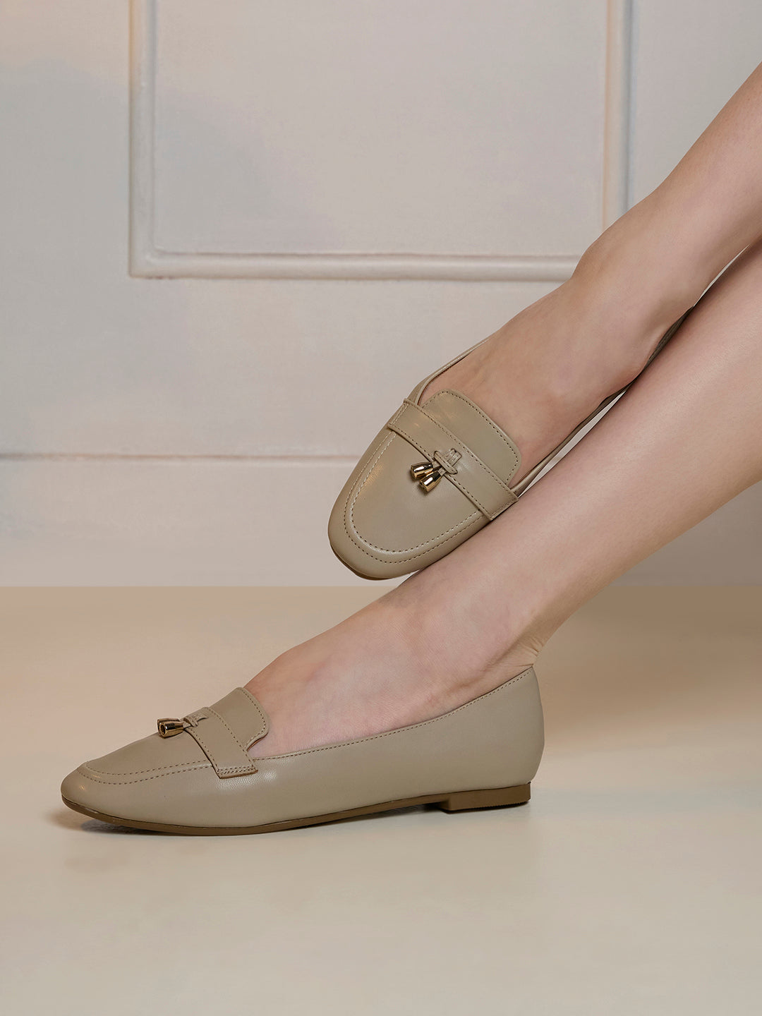 Womens Beige Casual Solid Pointed Toe Ballerinas