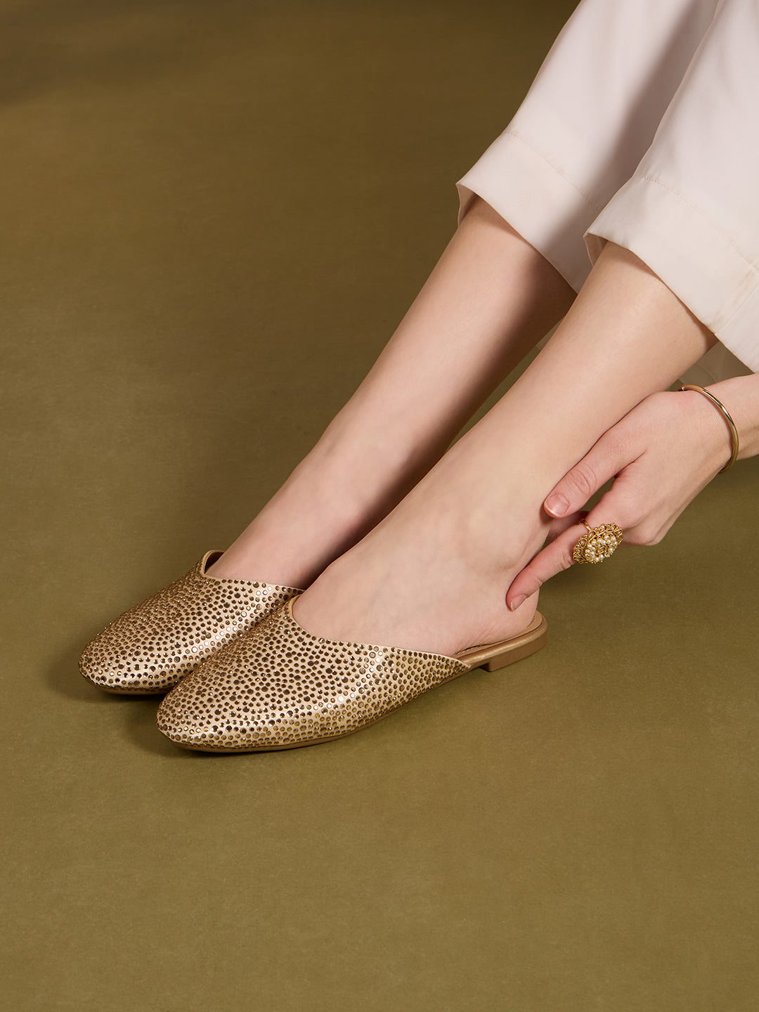 Womens Gold Casual Embellished Narrow Toe Flat Mules