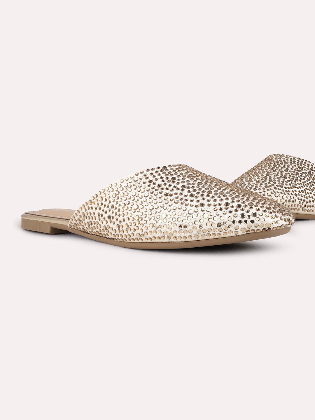 Womens Gold Casual Embellished Narrow Toe Flat Mules
