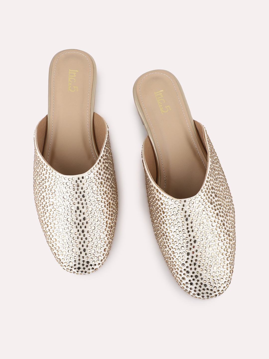 Womens Gold Casual Embellished Narrow Toe Flat Mules