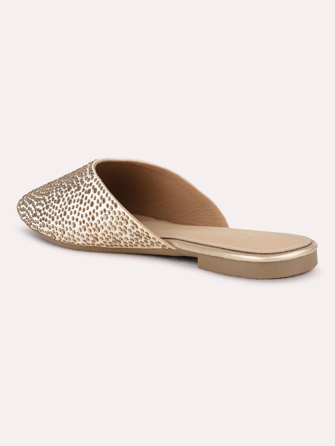 Womens Gold Casual Embellished Narrow Toe Flat Mules