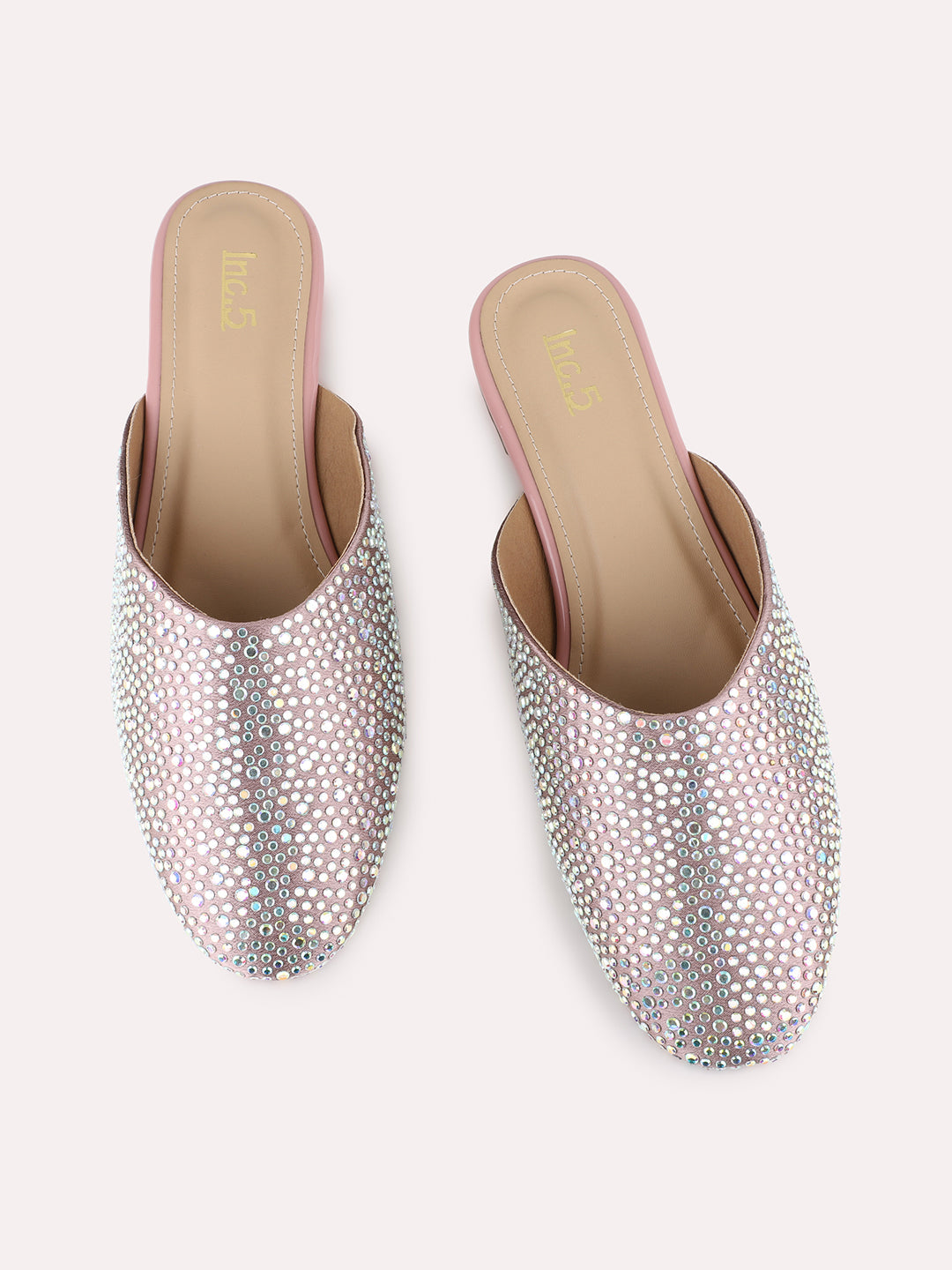 Womens Peach Casual Embellished Narrow Toe Flat Mules