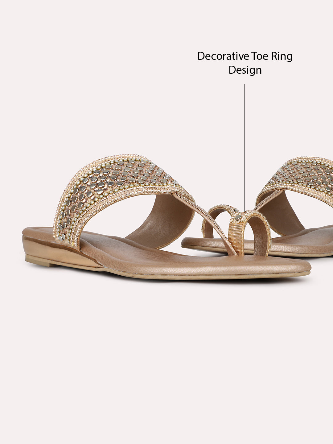 Womens Rose Gold Ethnic Embellished One Toe Flats