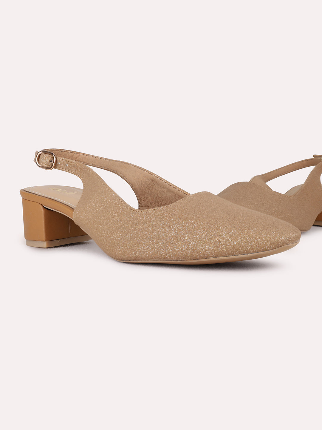 Womens Beige Ethnic Solid Narrow Toe Block Heel Mules