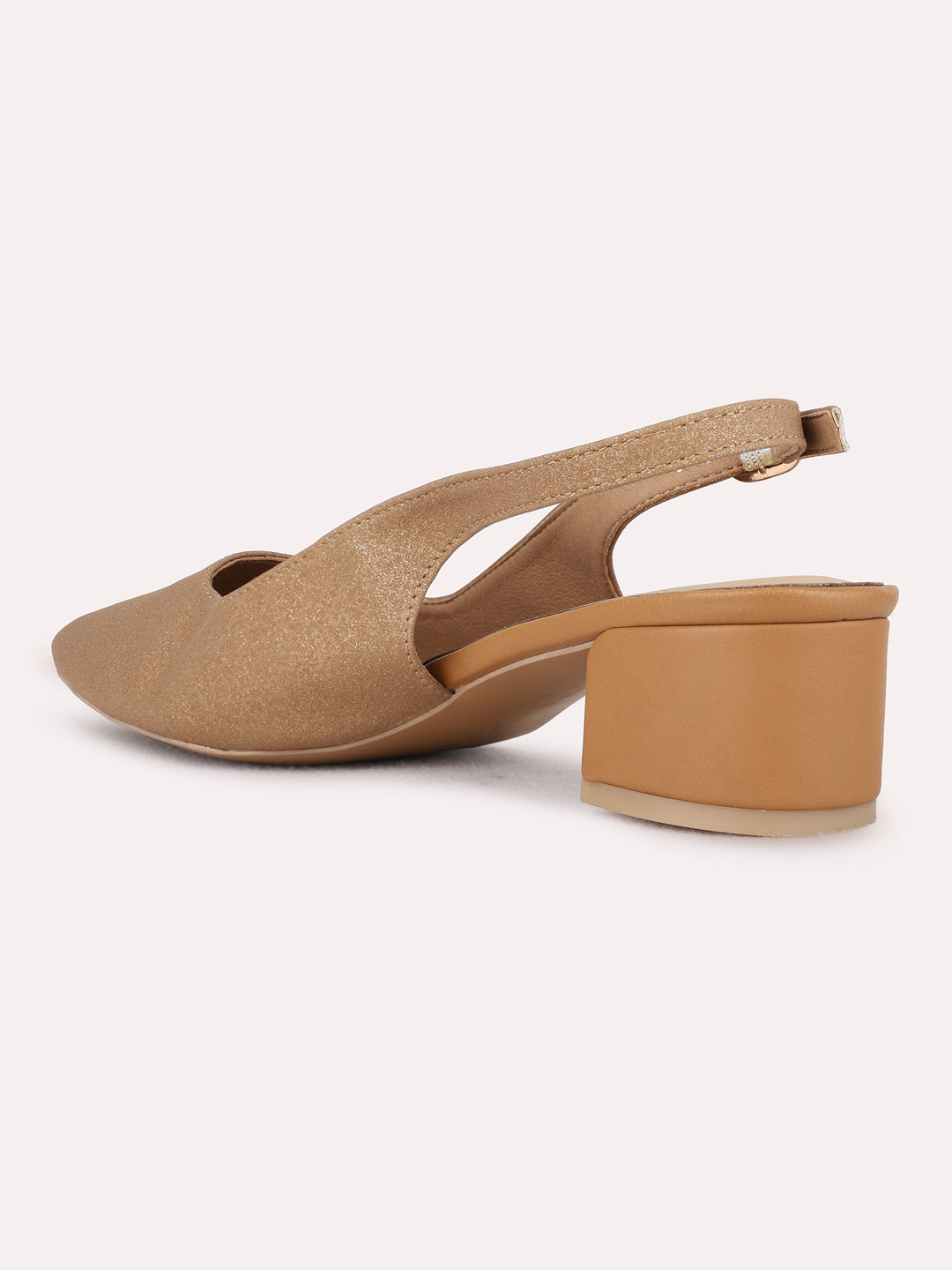 Womens Beige Ethnic Solid Narrow Toe Block Heel Mules
