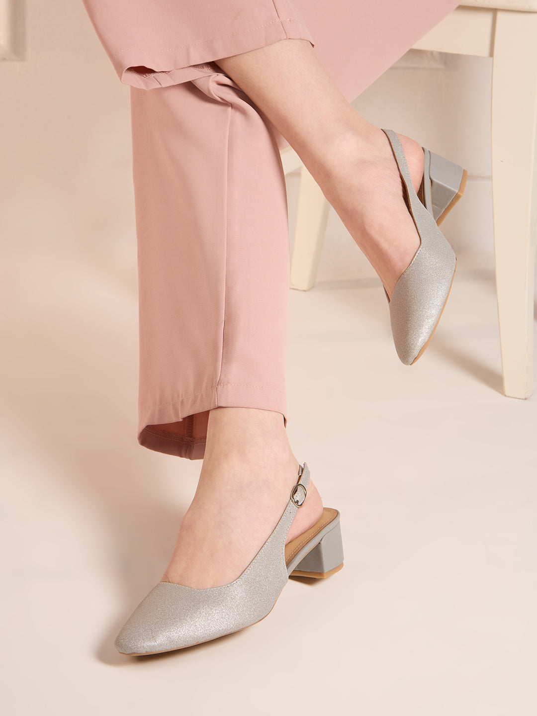 Womens Silver Ethnic Solid Narrow Toe Block Heel Mules