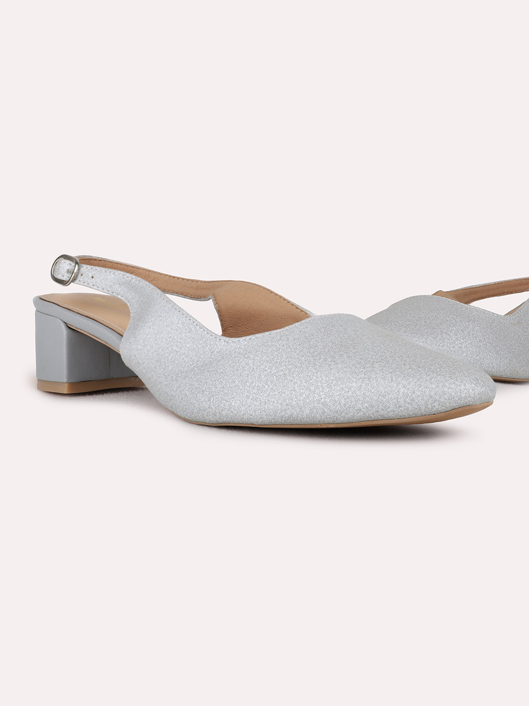 Womens Silver Ethnic Solid Narrow Toe Block Heel Mules