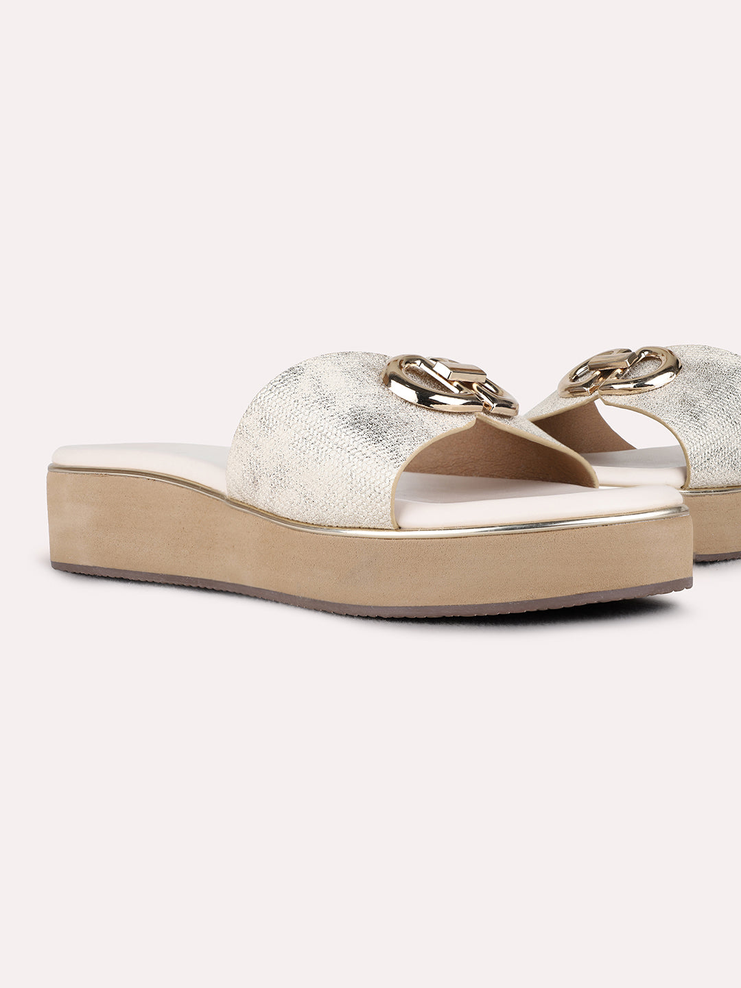 Womens Golden Casual Solid Round Toe Wedge Heels