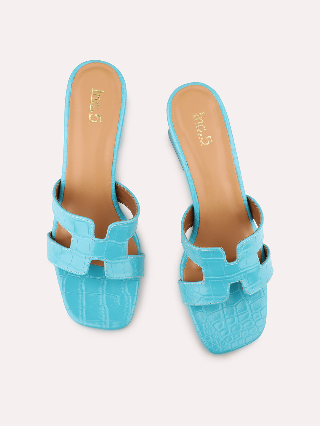 Womens Blue Party Wear Solid Square Toe Mules