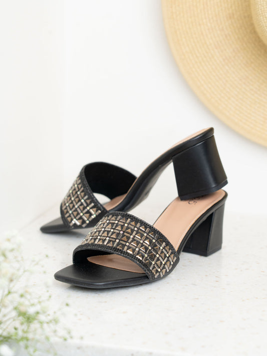 Womens Black Party Wear Solid Square Toe Mules