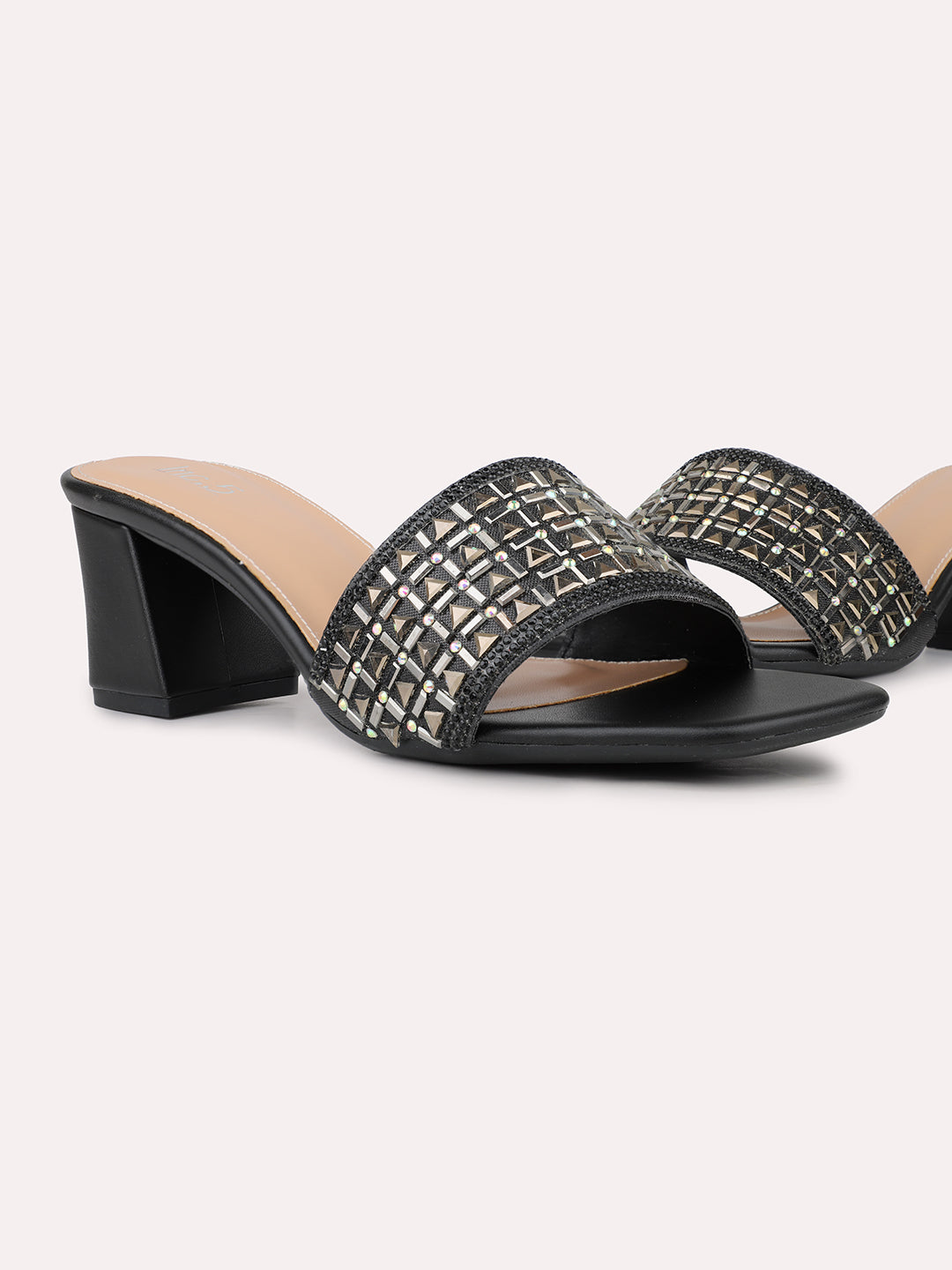 Womens Black Party Wear Solid Square Toe Mules