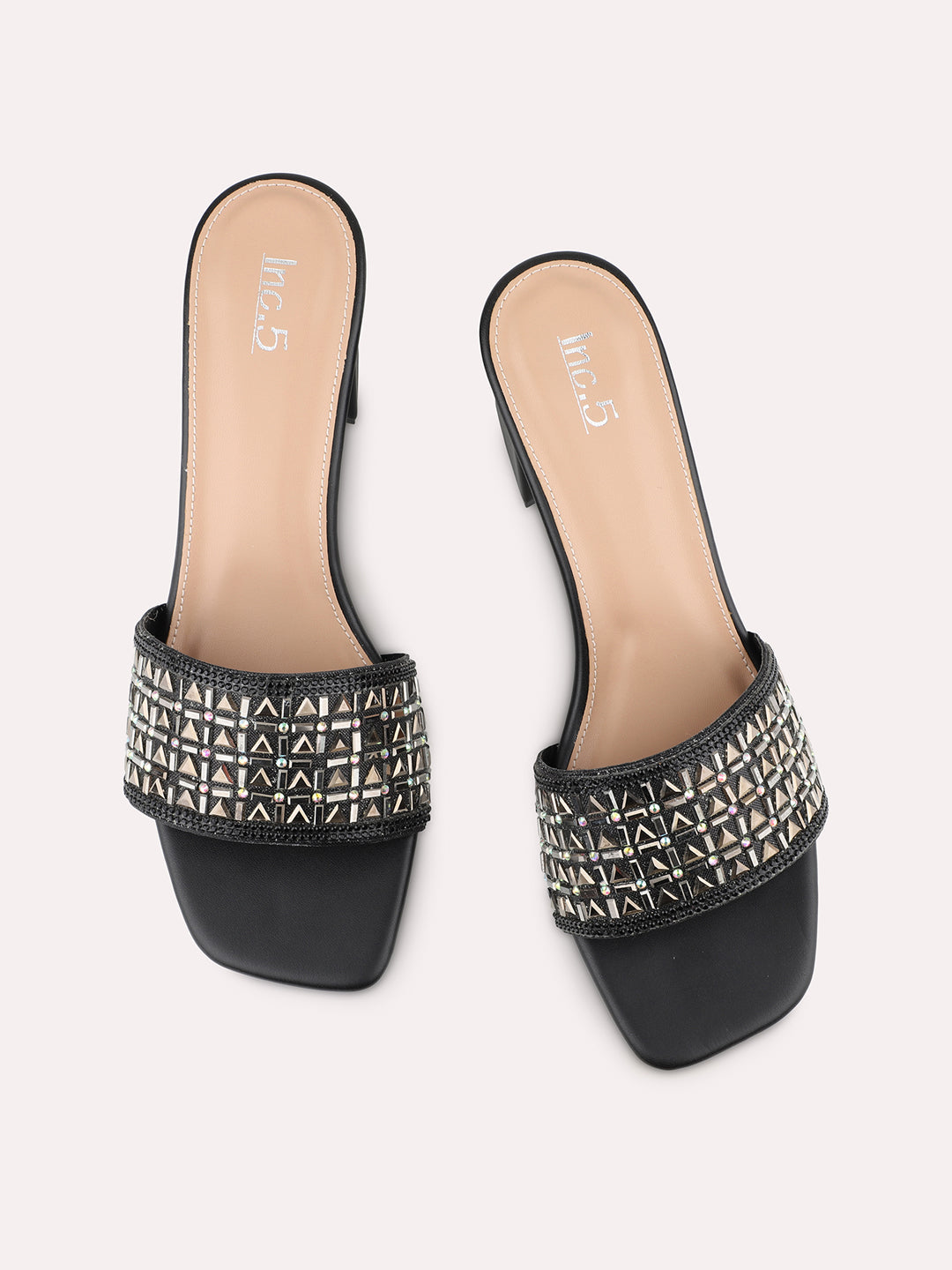 Womens Black Party Wear Solid Square Toe Mules