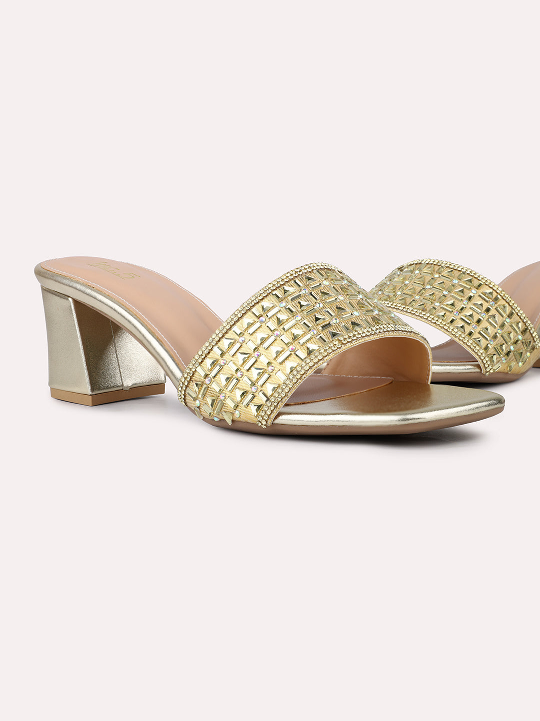 Womens Gold Party Wear Solid Square Toe Mules