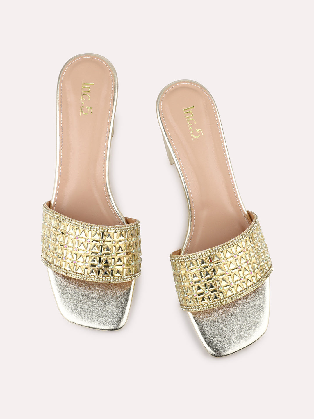 Womens Gold Party Wear Solid Square Toe Mules