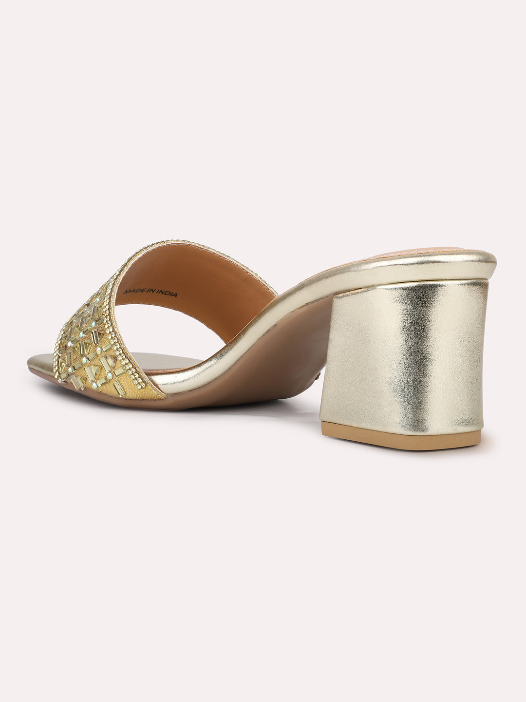 Womens Gold Party Wear Solid Square Toe Mules