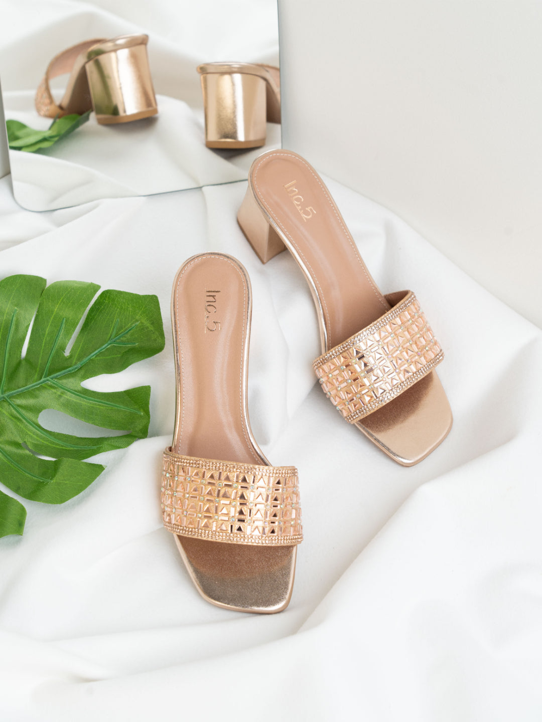 Womens Rose Gold Party Wear Solid Square Toe Mules