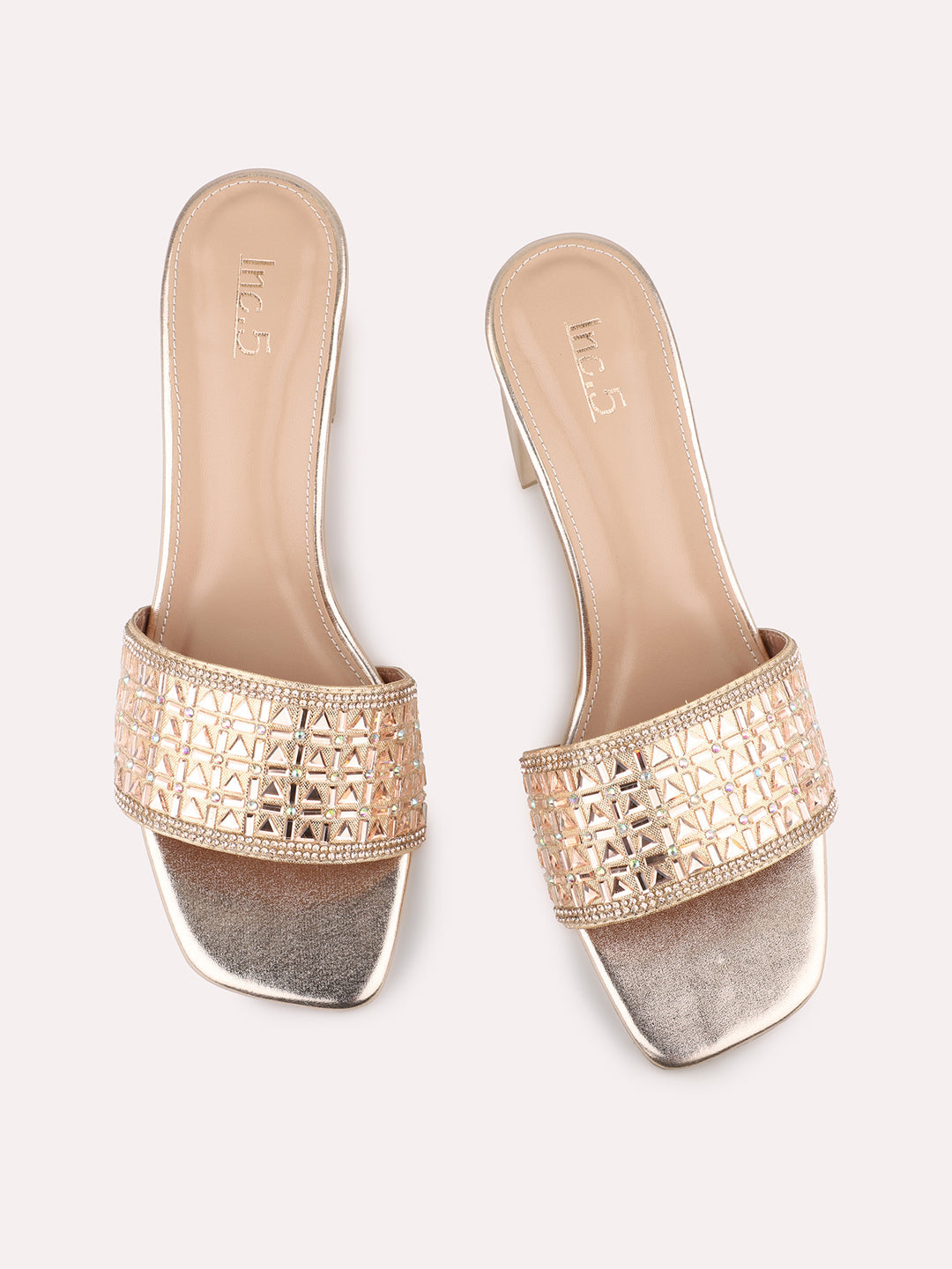 Womens Rose Gold Party Wear Solid Square Toe Mules