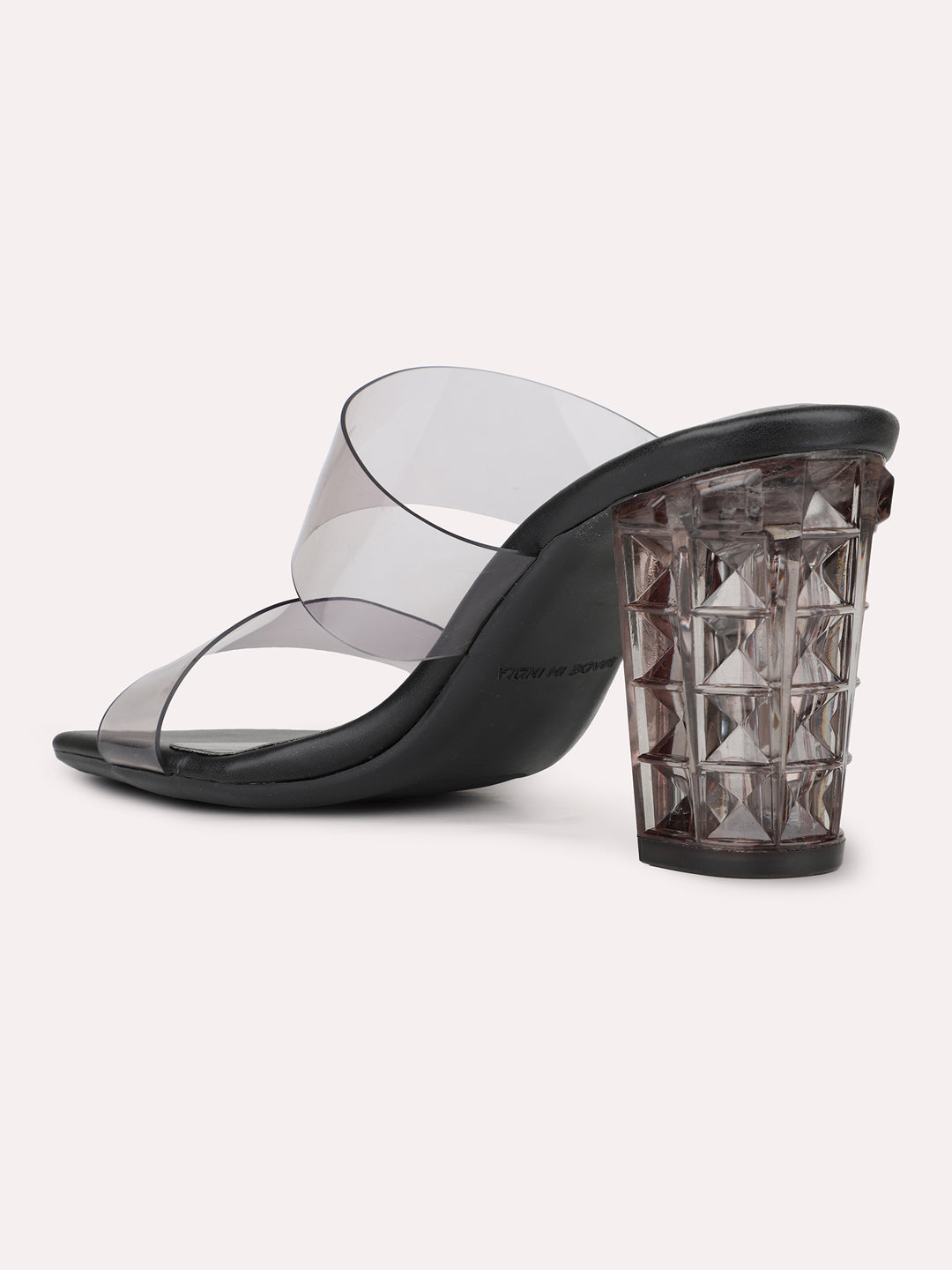 Womens Black Party Wear Transparent Square Toe Mules