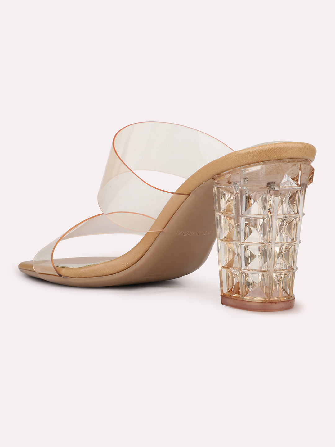 Womens Tan Party Wear Transparent Square Toe Mules