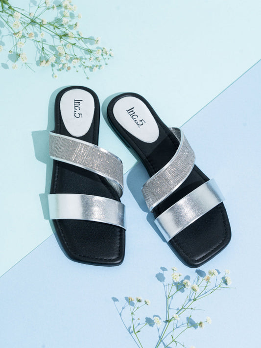 Womens Silver Casual Solid Open Toe Flats