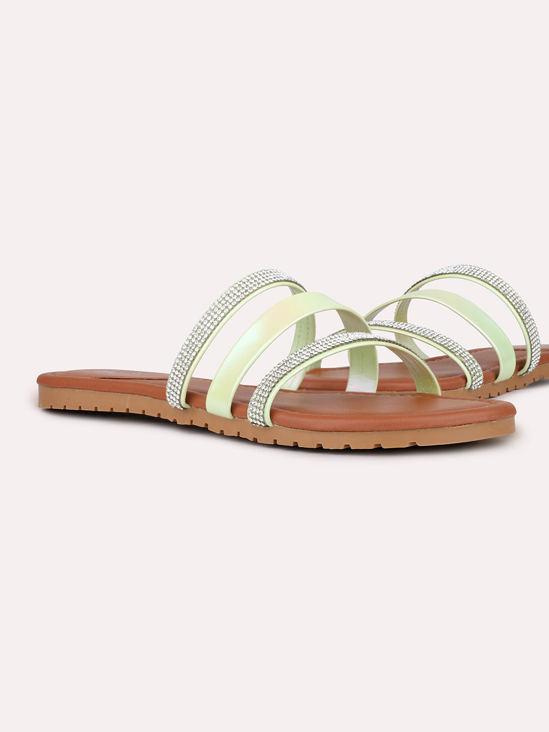 Womens Green Casual Strappy Open Toe Flats