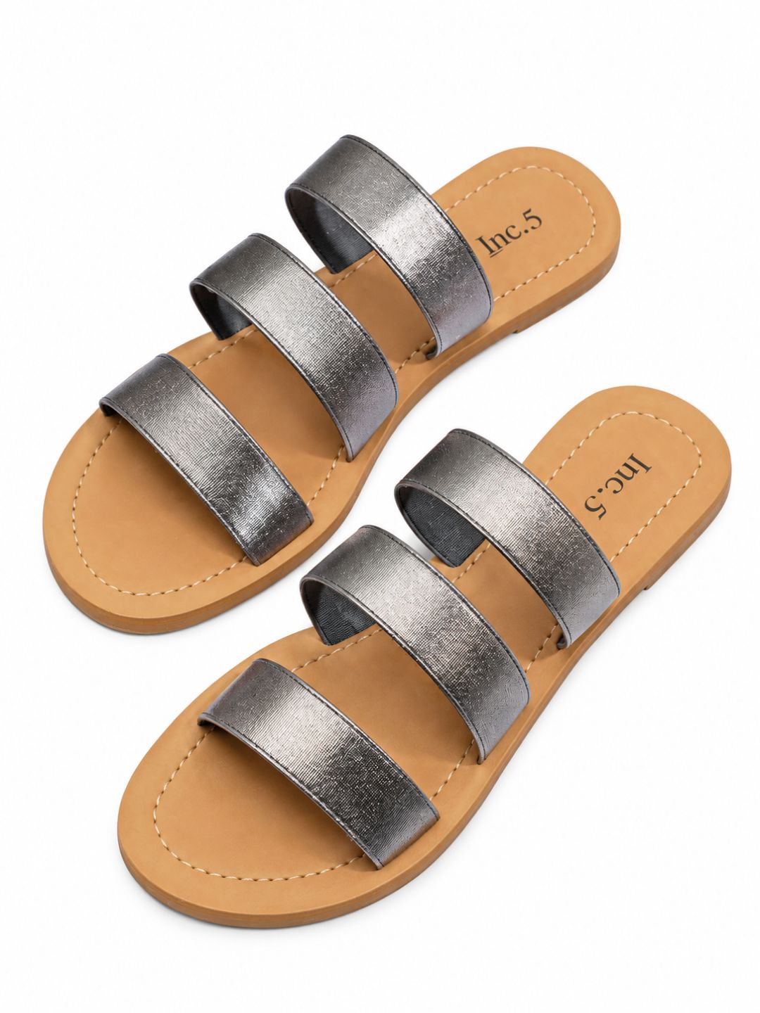 Womens Pewter Casual Striped Open Toe Slip-On Flats